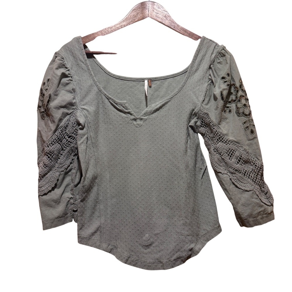 Free People Brunch Date Henley Sage Green Eyelet Crochet Sleeve‎ Size Small